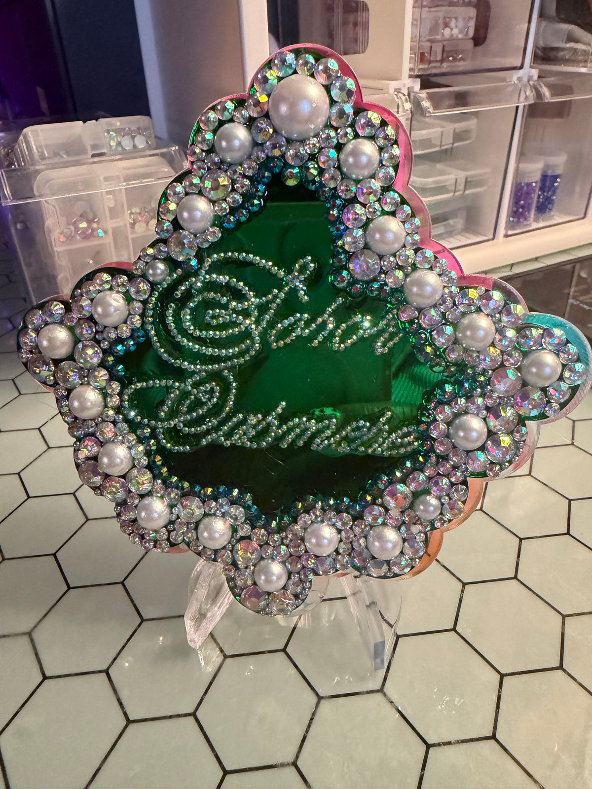 Green Goddess Ivy Crown Acrylic Pin | Hand-Embellished Sorority Brooch | Pink & Green Pearl Statement Pin | Gift for Sorors